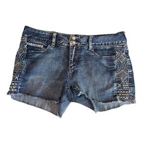 Y2K Embroidered Denim Cutoff Shorts Size 11 Medium Wash Double Button Raw Hem